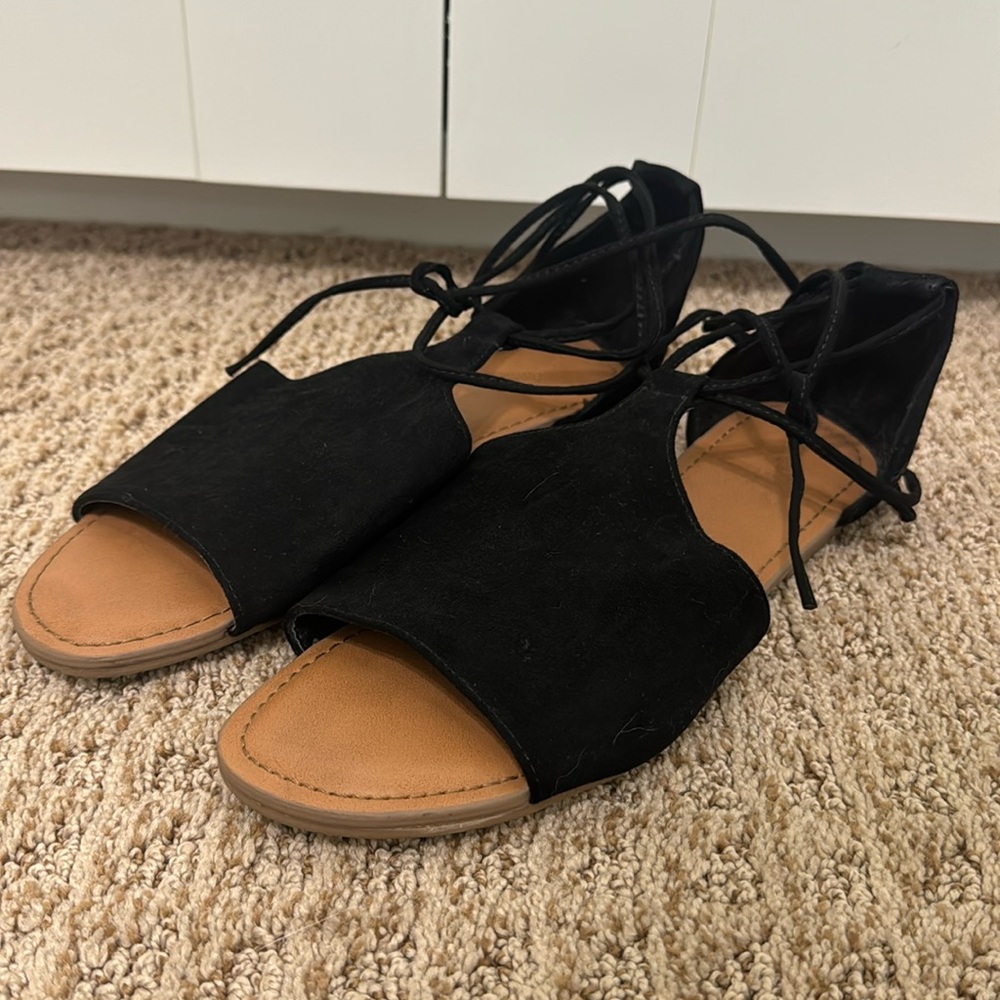 Black Universal Thread Flat Lace Up Sandals